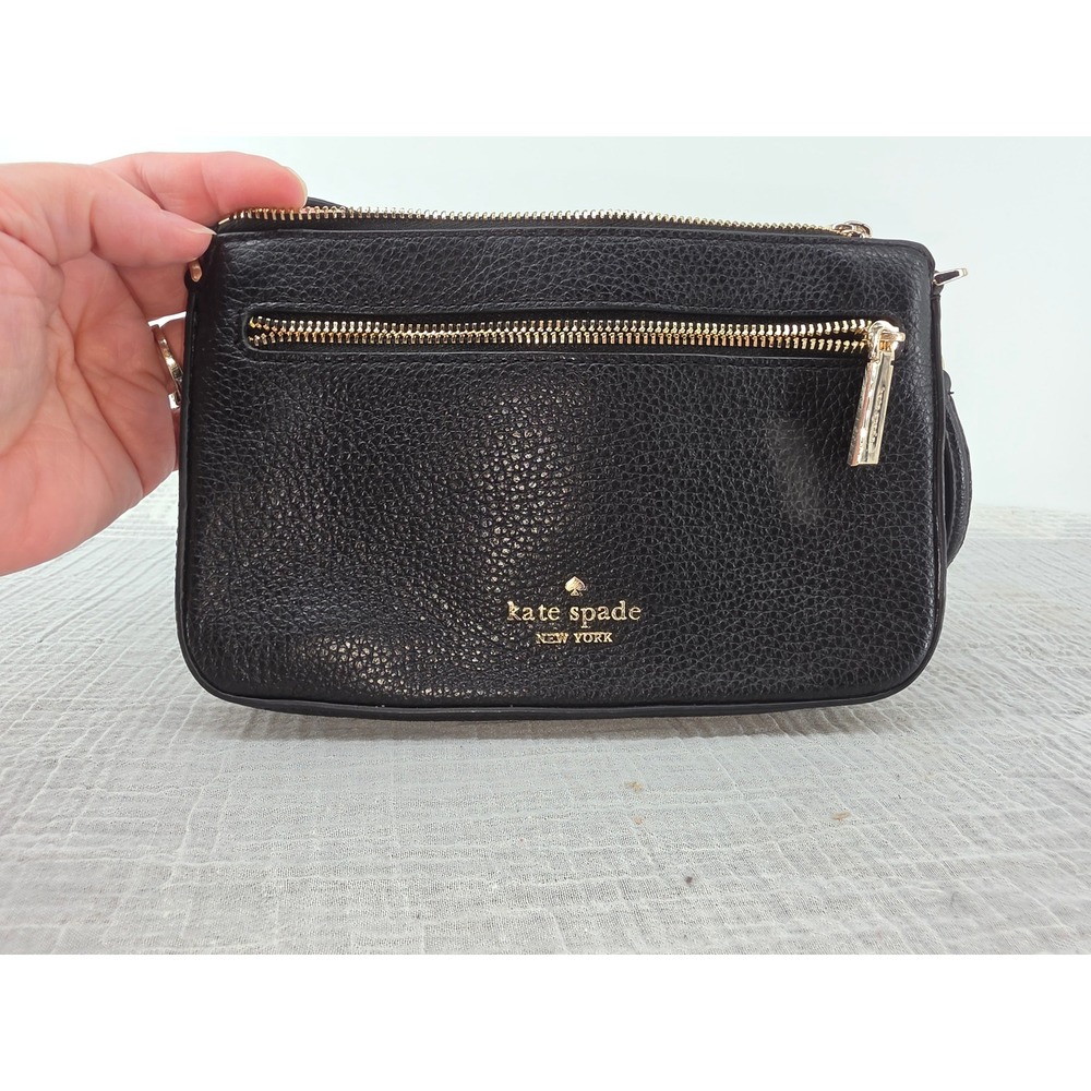 Kate Spade Black Pebbled Leather Crossbody Bag Gold Hardware Zip Pocket